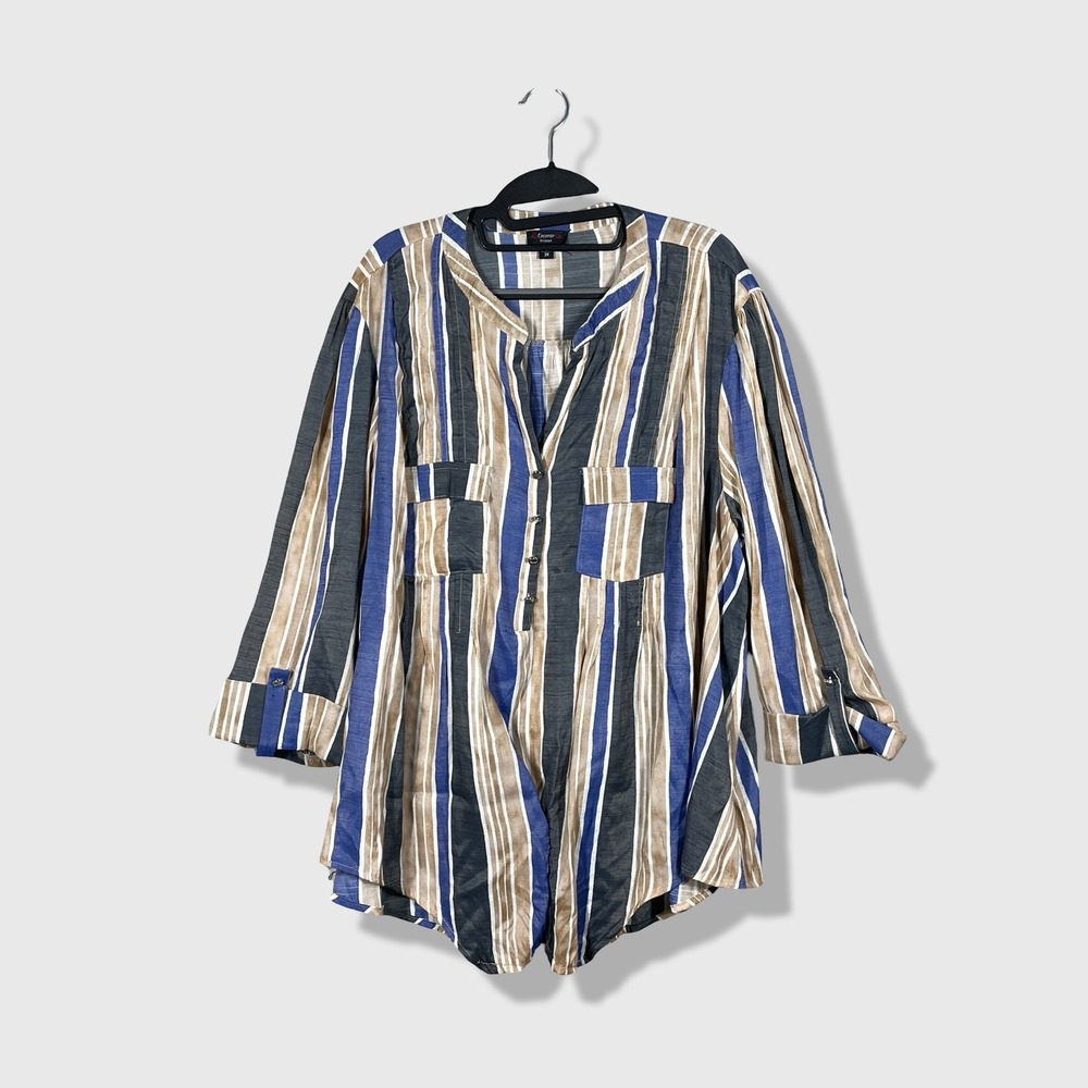 Cocomo Woman Striped Blouse Womens 3X Blue Tan Coastal Casual Boho Beachy